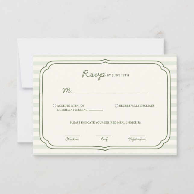 Sage Green Striped Wedding RSVP Card  Karte (Vorderseite)