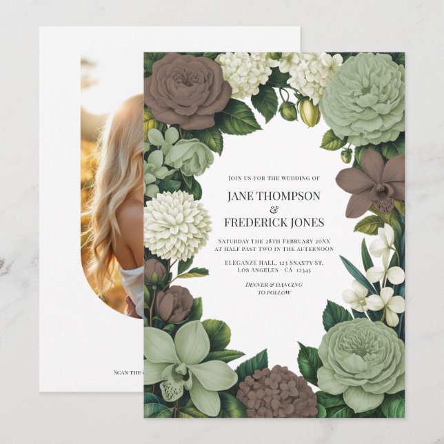 Sage Green, Taupe & Ivory Floral Wedding Einladung (Vorne/Hinten)
