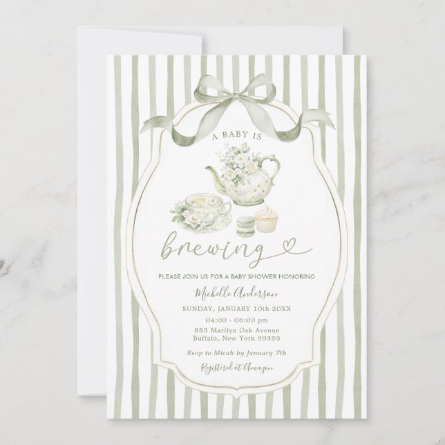 Sage Green Tea Party Baby Shower Stripe Invitation Einladung (Vorderseite)