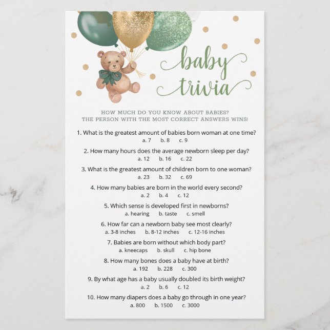 Sage Green Teddy Bear Baby Trivia Game Baby Dusche (Vorderseite)