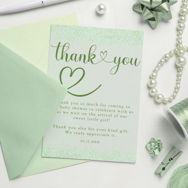 Sage Green Thank You Heart Confetti Script Dankeskarte (Von Creator hochgeladen)