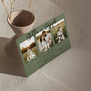 Sage Green Three Fotos Collage Boho Chic Wedding Einladung