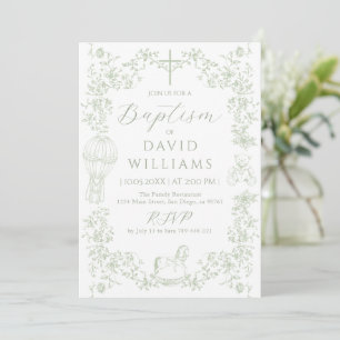 Sage Green Toile Boy Taufe Elegante Einladung