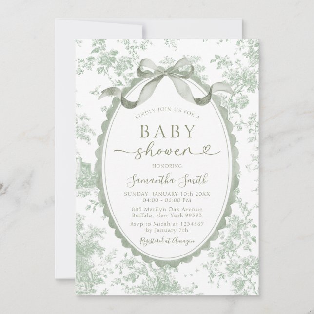 Sage Green Toile Chinoiserie Bow Baby Shower Einladung (Vorderseite)