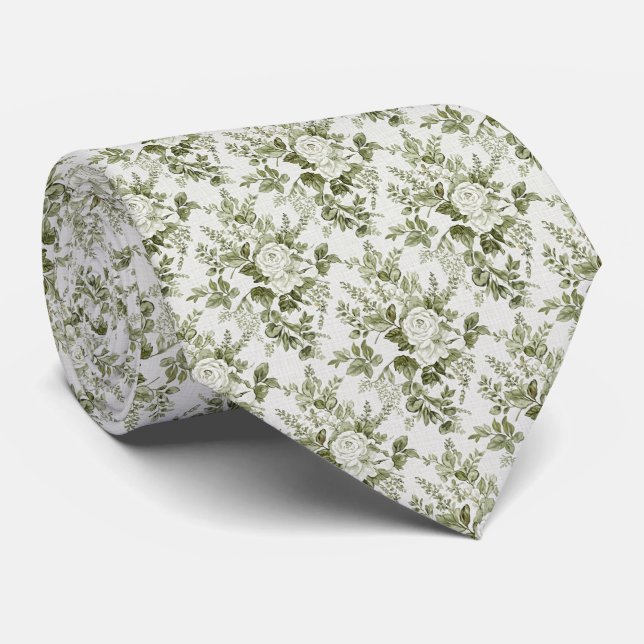 Sage Green Toile Floral  Krawatte (Gerollt)