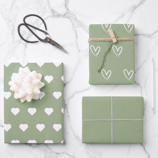 Sage Green Trendy Minimalistisches schlichtes Herz Geschenkpapier Set (Vorderseite)