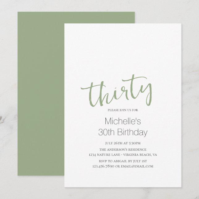 Sage Green Trendy Moderne Minimalistisch 30. Gebur Einladung (Vorne/Hinten)