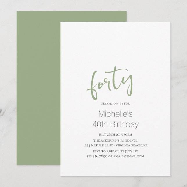 Sage Green Trendy Moderne Minimalistisch 40. Gebur Einladung (Vorne/Hinten)