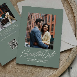 Sage green trendy script two photo wedding save the date