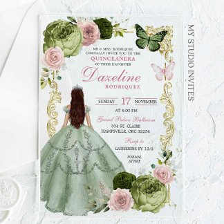 Sage Green und Blush Princess Quinceanera Acryleinladungen