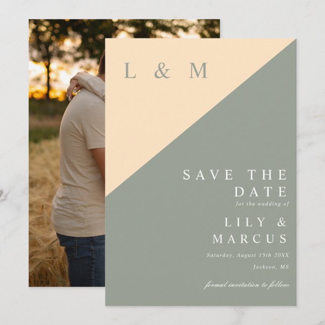 Sage Green und Cream Monogram Wedding Foto Save The Date (Vorne/Hinten)