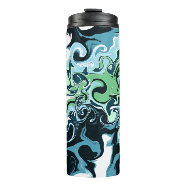 Sage Green und Dark Blue Wirbel Abstrakt Thermosbecher (Vorderseite)