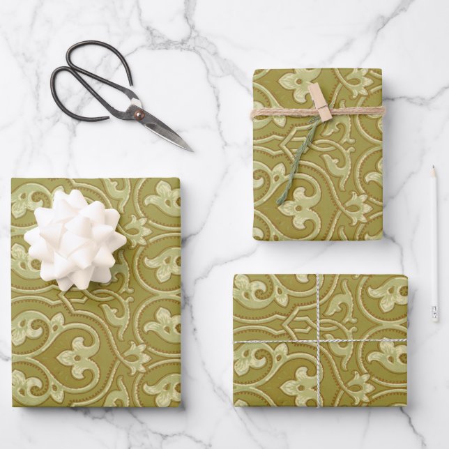 Sage Green und Gold Art Nouveau Pattern Geschenkpapier Set (Vorderseite)
