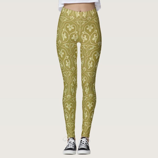 Sage Green und Gold Art Nouveau Pattern Leggings (Vorderseite)