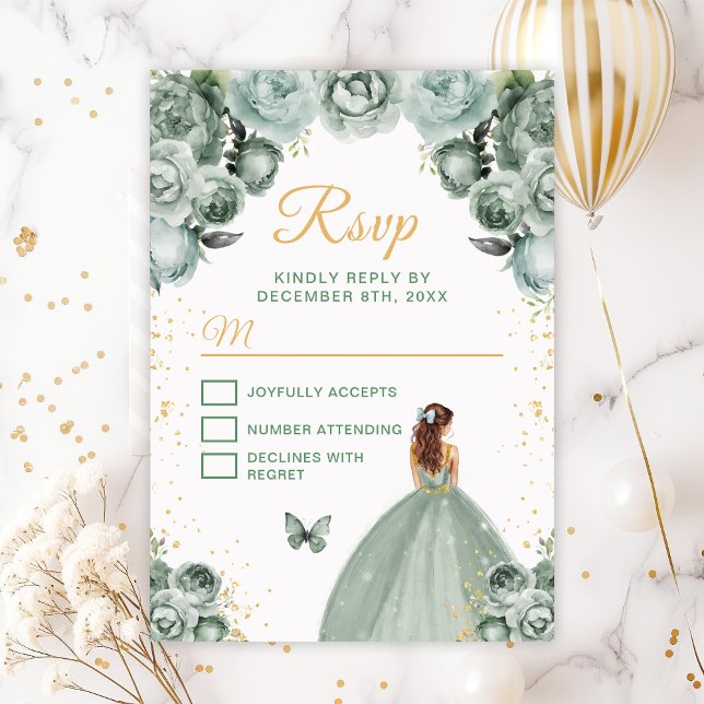 Sage Green und Gold Brown Haarprinzessin RSVP Karte (Von Creator hochgeladen)