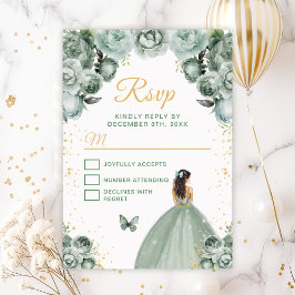 Sage Green und Gold Brünett Hair Princess RSVP Karte