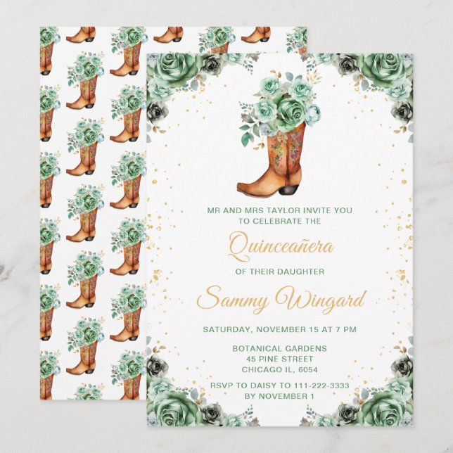 Sage Green und Gold Floral Cowboy Boot Quinceañera Einladung (Vorne/Hinten)