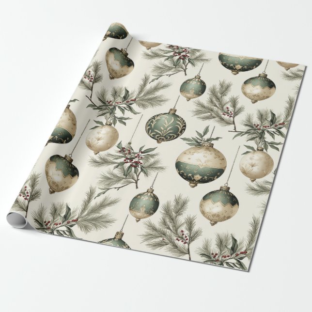 Sage Green und Gold Weihnachtsschmuck Geschenkpapier (Ungerollt)