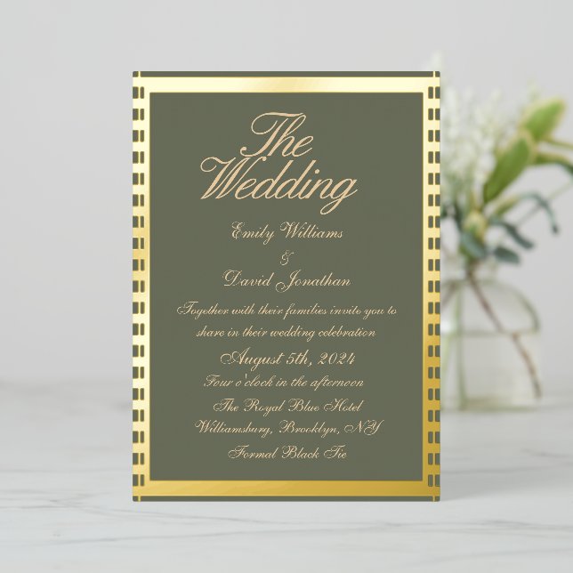 Sage Green und Golden Classic Wedding Folieneinladung (Stehend vorne)