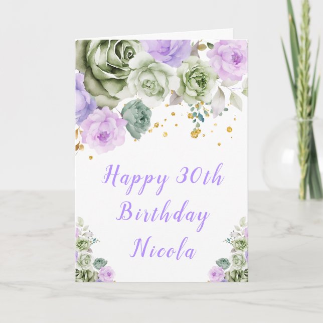 Sage Green und Lila floral Happy Birthday Karte (Vorderseite)