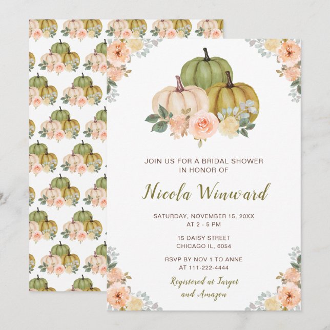 Sage Green und Peach Floral Pumpkins Brautparty Einladung (Vorne/Hinten)