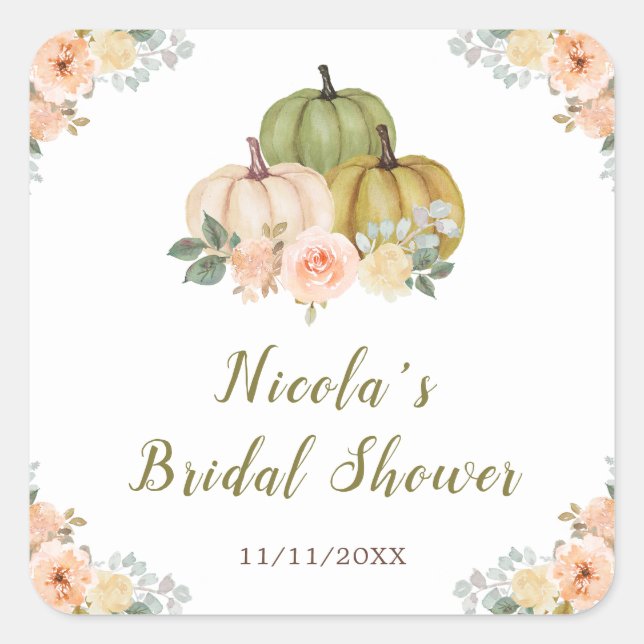Sage Green und Peach Floral Pumpkins Brautparty Quadratischer Aufkleber (Vorderseite)