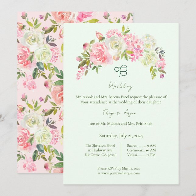 Sage Green und Pink Floral Sikh Ik Onkar Hochzeit Einladung (Vorne/Hinten)
