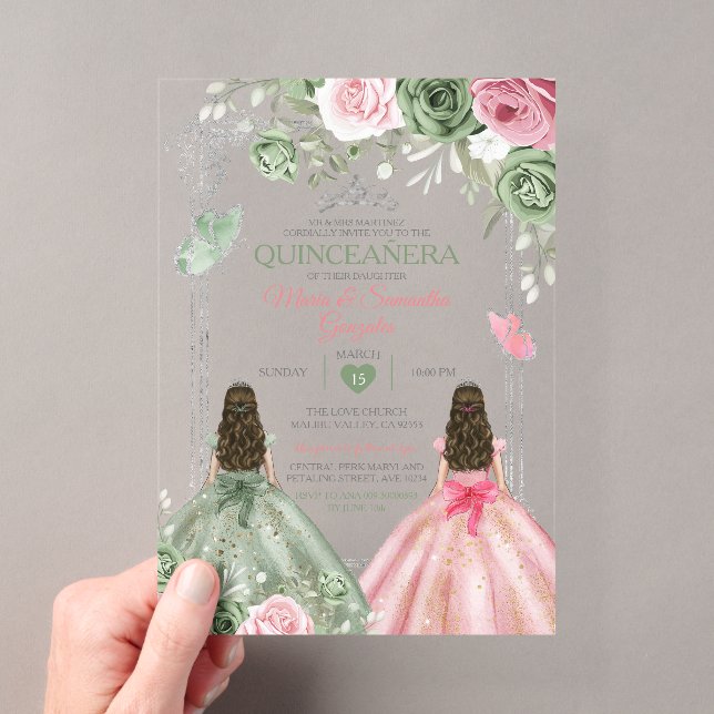Sage Green und Pink Twin Quinceñera Butterfly Acryleinladungen (Insitu (Handheld))