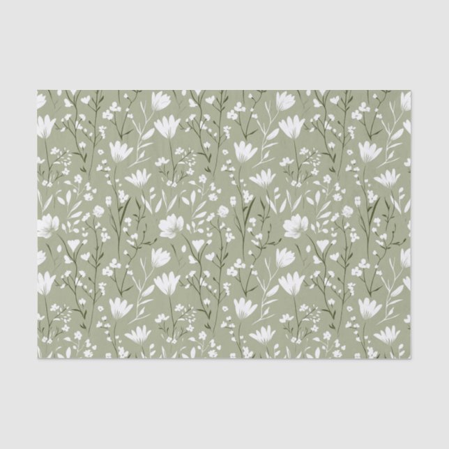 Sage Green und White Floral Bridday Seidenpapier (Vorderseite)