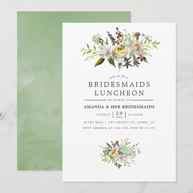 Sage Green und White Floral Bridesmaids Luncheon Einladung (Vorne/Hinten)