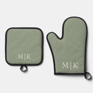 Sage Green und White Modernes Monogramm Ofenhandschuh & Topflappen-Set