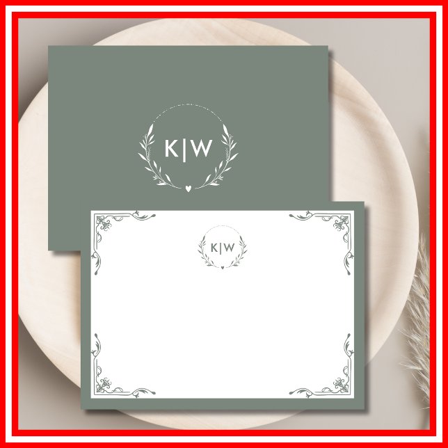 Sage Green und White | Monogram für moderne Initia Mitteilungskarte (Sage Green and White | Modern Initials Monogram Note Card)