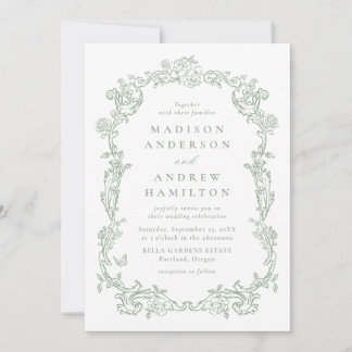 Sage Green Victorian Floral All in One Wedding Einladung