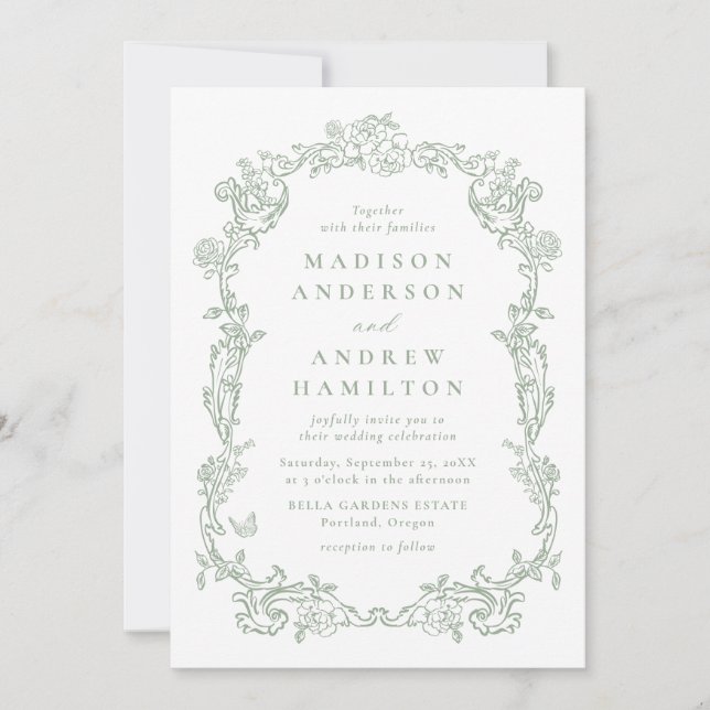 Sage Green Victorian Floral All in One Wedding Einladung (Vorderseite)