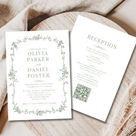 Sage Green Victorian QR Code All in One Wedding Einladung
