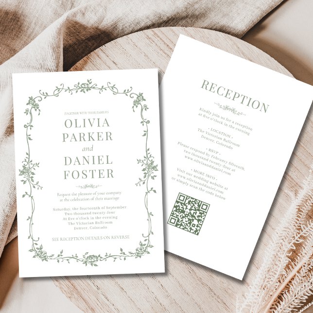 Sage Green Victorian QR Code All in One Wedding  Einladung (Von Creator hochgeladen)