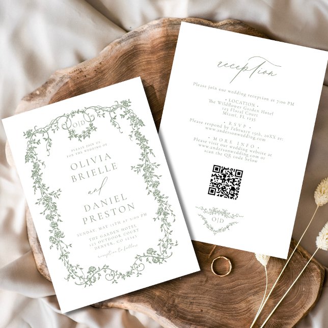 Sage Green Viktorianisch QR Code in einer Hochzeit Einladung (Von Creator hochgeladen)