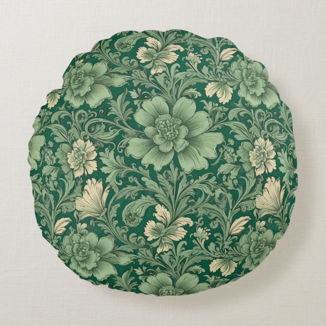Sage Green Vintag Floral Muster Rundes Kissen (Vorderseite)