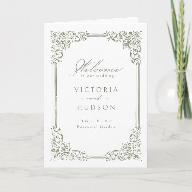 Sage Green Vintag Frame Elegante Script Hochzeit Programm (Vorderseite)