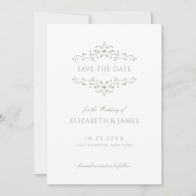 Sage Green Vintag Ornamental Save The Date (Vorderseite)