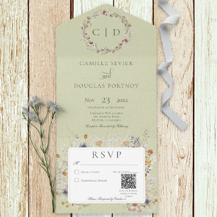 Sage Green Vintag Romantic Wildblume QR Code All In One Einladung