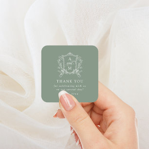 Sage Green Vintag Wappen Hochzeit Danke Quadratischer Aufkleber