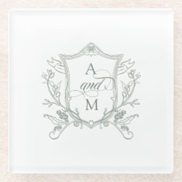 Sage Green Vintag Wappen Hochzeit Glasuntersetzer