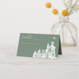Sage Green Vintage Castle Illustration Wedding Platzkarte