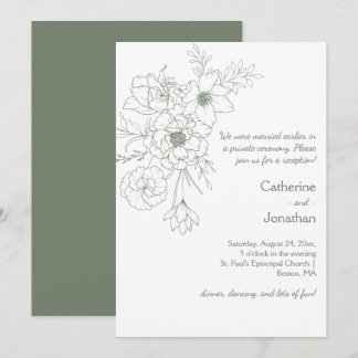 Sage Green Vintage Line Drawn Bouquet Reception Einladung