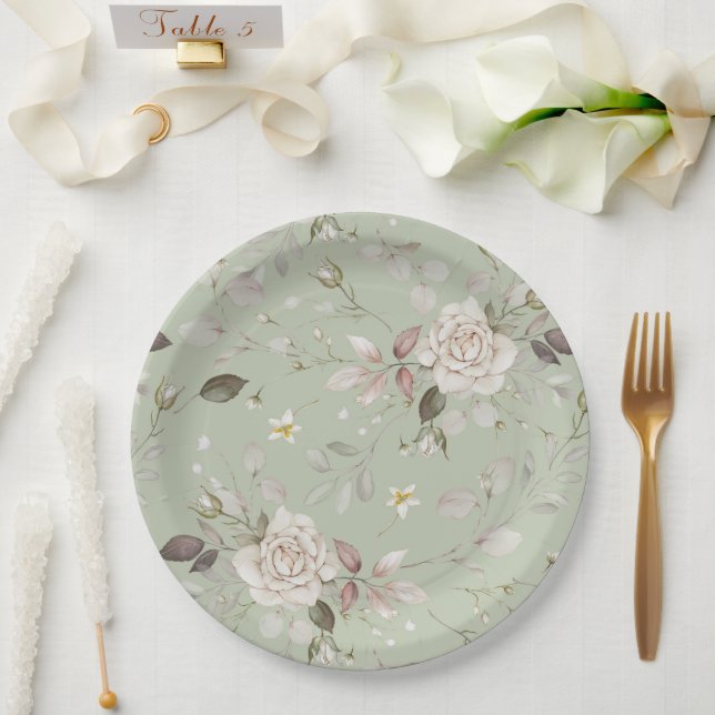 Sage Green Vintage Rose Floral Dinner Pappteller (Hochzeit)