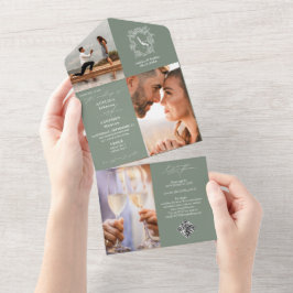Sage Green Wappen Monogram 3 Foto QR Code Hochzeit All In One Einladung