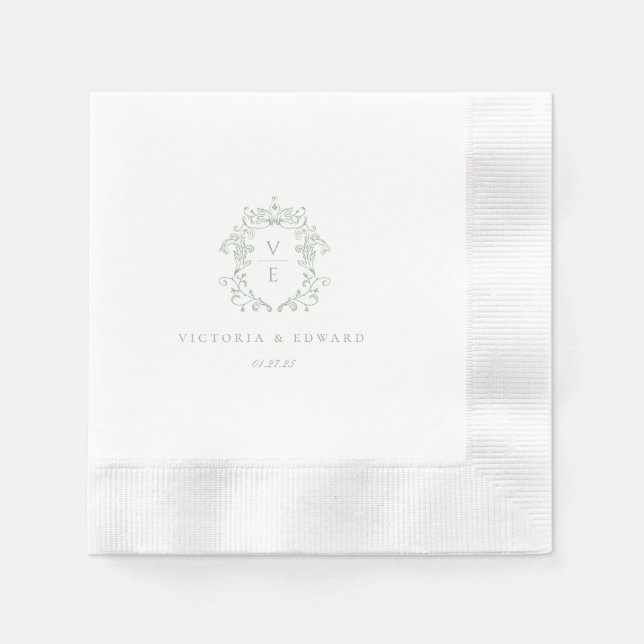 Sage Green Wappen Monogram Wedding Serviette (Vorderseite)