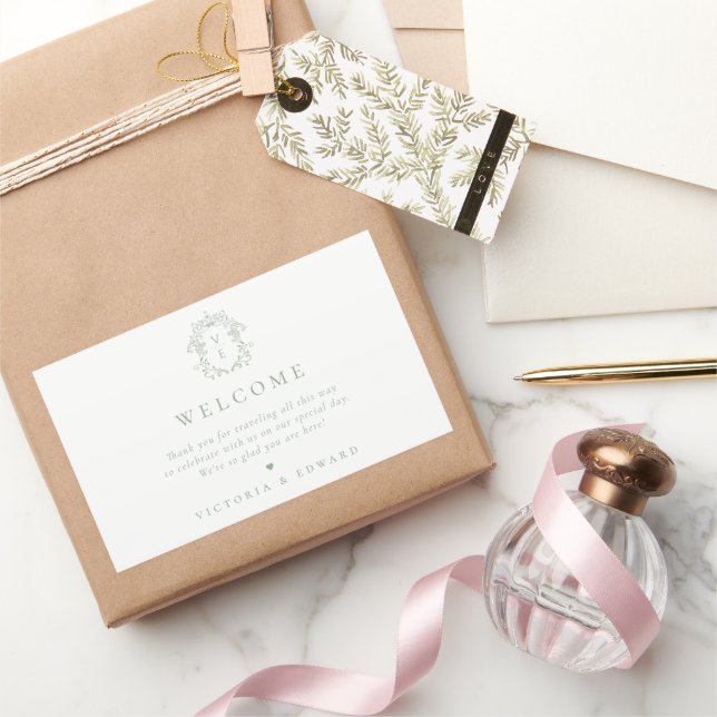 Sage Green Wappen Monogram Wedding Welcome Rechteckiger Aufkleber (Schenken)