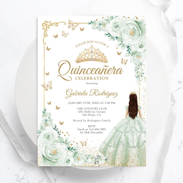 Sage Green Water Rose Gold Quinceanera Einladung (Von Creator hochgeladen)